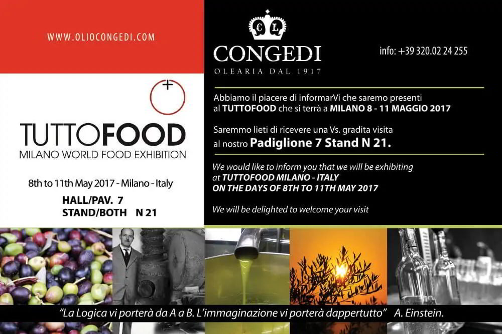 Olio Congedi sarà presente a Tutto Food Milano – 8/11 Maggio 2017